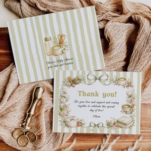 Matcha Baby Shower Thank You Card Template, Green-Striped A Little Matcha Design 089MA-THCA-GR