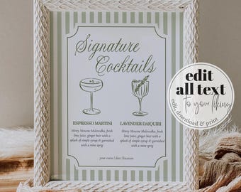 Sage Green Signature Cocktail Menu Template, Vintage Dinner Party Bar Sign 069GR-BAME