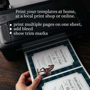 May include: A black printer printing baby shower invitations. The invitations feature a rocking horse graphic and text that reads "Baby Shower Lauren & Ralph August 15". The image also includes the text: "Print your templates at home, at a local print shop or online."