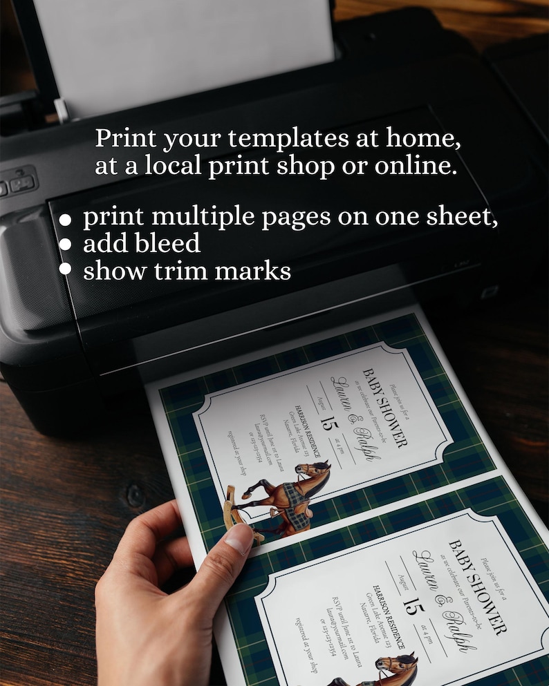 May include: A black printer printing baby shower invitations. The invitations feature a rocking horse graphic and text that reads "Baby Shower Lauren & Ralph August 15". The image also includes the text: "Print your templates at home, at a local print shop or online."