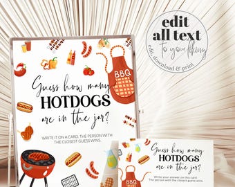 Hotdogs Jar Guessing Game BBQ Baby Shower Printable Sign Cards Editable Template 073BBQ-GAME