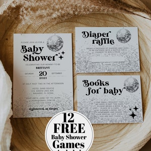 Disco Baby Shower Template with diaper raffle and books for baby for 70s themed retro party #065d