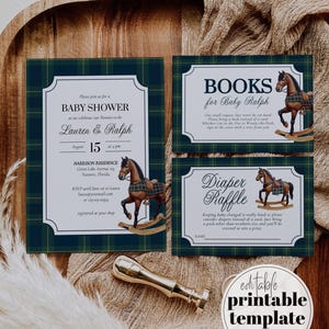 May include: Baby shower stationery set with a green and navy plaid design. The invitation is for Lauren & Ralph's baby shower on August 15th. Additional cards request books and a diaper raffle, all featuring a rocking horse illustration.