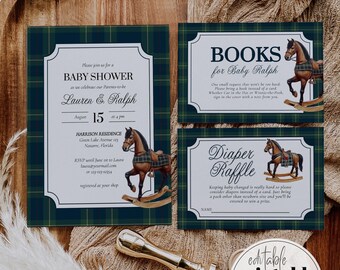 Vintage Classic Rocking Horse Polo Baby Shower Invitation Equestrian Shower Invite Template 068RL-BSINV