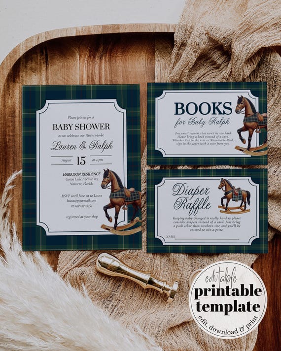 Vintage Classic Rocking Horse Polo Baby Shower Invitation Equestrian Shower Invite Template 068RL-BSINV