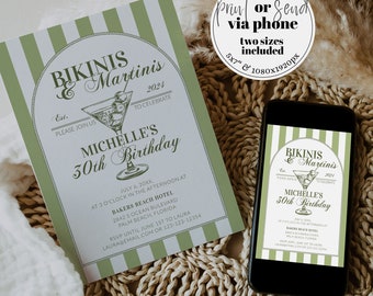 Bikinis and Martinis 30th Birthday Invitation, Tini Bit Older Cocktail Party Template 084MAR-BINV