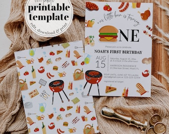 Invitation 1er anniversaire de hamburger barbecue, petit pain tournant une invitation de garçon d&#39;été de barbecue pour un barbecue dans l&#39;arrière-cour, modèle de suite de premier anniversaire #072a