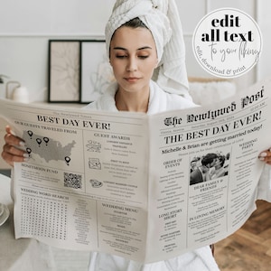 Editable Newspaper Wedding Program Template for Simple Wedding with Vintage Retro Theme, Personalised Wedding Guest Gift for Family #065b