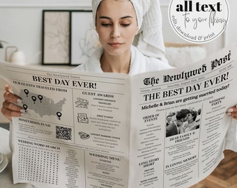 Vintage Newspaper Wedding Program Template, Retro Minimal Wedding Guest Keepsake 065B-WENP