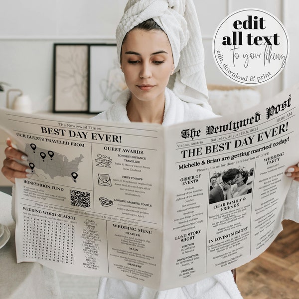 Editable Newspaper Wedding Program Template for Simple Wedding with Vintage Retro Theme, Personalised Wedding Guest Gift for Family #065b
