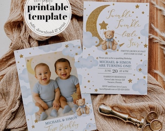 Twins First Birthday Invitation, Blue Teddy Bear, Celestial Twinkle Star Template, Digital Download 061CE-BINV
