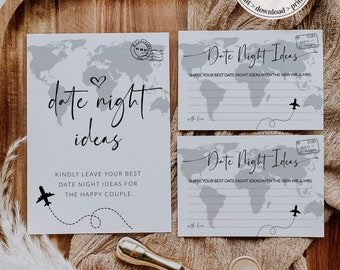 Destination Bridal Shower Game: Date Night Card and Sign Template, Travel themed Newlywed Date Night Ideas Game #072w