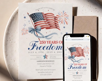Fourth of July Invitation, America 250 Watercolor Flag Coquette Bow Invite, Editable Template 020IND-BSINV