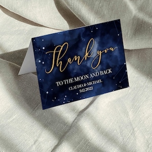 Carte de remerciement de mariage nuit étoilée céleste, modèle modifiable, mariage de lune et de l'espace or galaxie bleu Navi #066