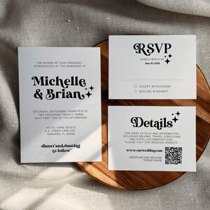 May include: Wedding invitation with a black and white design. The invitation features the names "Michelle & Brian" in a retro font with stars. The invitation includes the date and time of the wedding, the location, and the RSVP information. The RSVP card includes a QR code for guests to RSVP online.