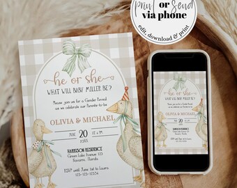 Silly Goose Gender Reveal Invitation Template, Beige Gingham Cottagecore Bow Theme 004SG-GREVINV