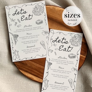 Cartão de menu ondulado desenhado à mão, modelo de menu de casamento com rabiscos, menu de casamento caprichoso com rabiscos, menu manuscrito editável e descolado, comida italiana nº 070
