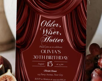 30th Birthday Invitation Template, Burgundy Draped Fabric Invite, Elegant Cocktail Party Design 080-BINV