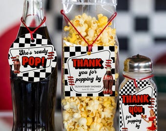 She’s Ready to Pop Stickers Template, Retro Soda Shop Baby Shower Favor Labels 081SS-TLST