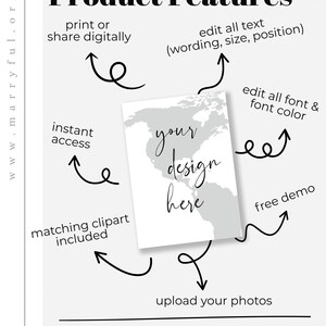 May include: A white card with a world map design and the text "your design here." The image highlights product features, including digital sharing, text editing, font customisation, and photo uploads. The website marryful.org/faqs is also displayed.
