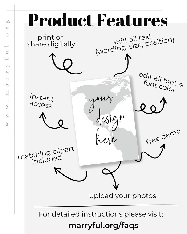 May include: A white card with a world map design and the text "your design here." The image highlights product features, including digital sharing, text editing, font customisation, and photo uploads. The website marryful.org/faqs is also displayed.