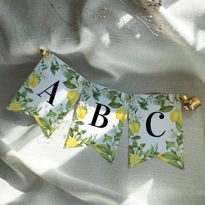 May include: A lemon-themed banner with the letters A, B, and C. The banner is made of white paper with a lemon and flower pattern. The letters are black and the banner is strung with gold string.