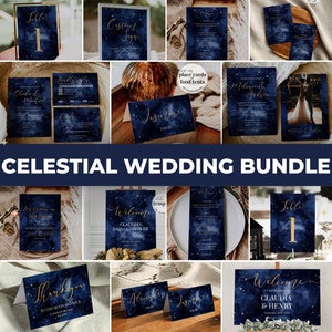 Celestial Wedding Stationery Bundle for Rustic Starry Night Wedding, DIY Template With Navy Blue and Gold Moon and Stars #066
