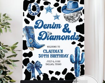 Denim and Diamonds Birthday Sign, Blue Cowgirl Last Rodeo Western Disco Printable 022BLDC-WLCM