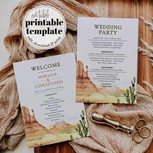 Peut inclure: Un modèle d'invitation de mariage imprimable avec une illustration aquarelle d'un paysage désertique. Le texte indique "Bienvenue au mariage de Miriam & Christoph, le 15 mai 2023, Weylin Beach Resort". L'invitation comprend un programme de cérémonie et une liste de mariage.