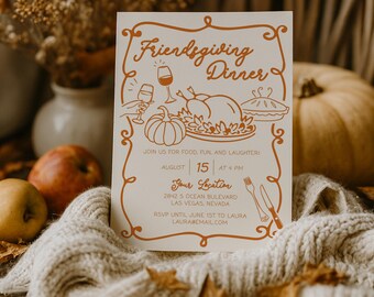Custom Friends Thanksgiving Invite Template Whimsical Handwritten Pumpkin Potluck Editable Invitation 070FR-INV