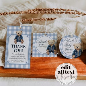 Blue Jeans Teddy Bear Baby Shower Guest Favor Tags Gift Label or Sticker Printable Vintage Classic Polo Teddy Bear Denim Decor Template #068