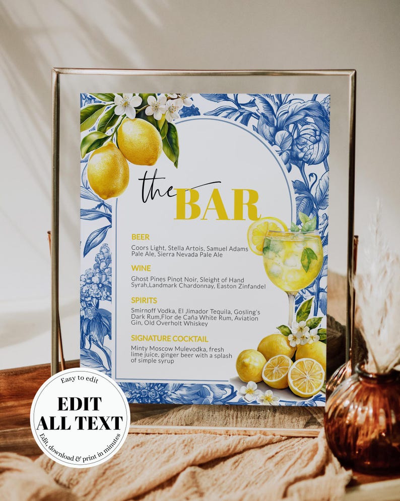 Limoncello Spritz Bar Menu Template, Citrus Lemon Amalfi Coast Bridal Shower Sign 102LE-BAME image 12