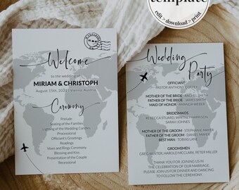 Destination Wedding Program and Ceremony Itinerary Template for Travel themed Wedding Day #072w