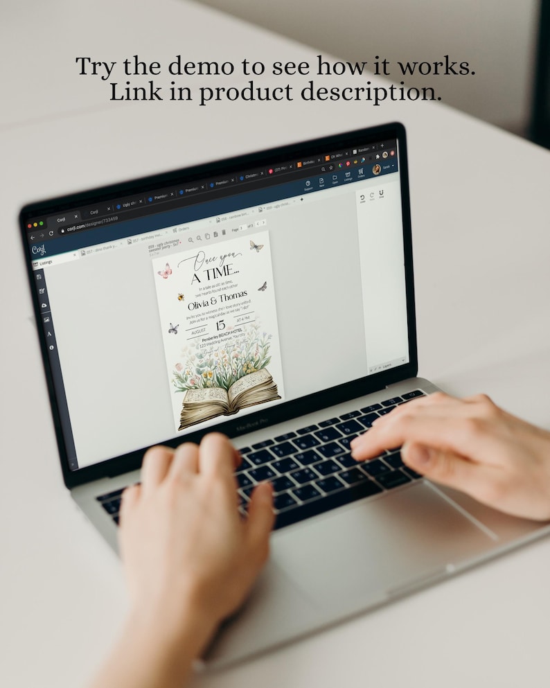 May include: A laptop computer displaying a wedding invitation with a floral design and the text "Once upon a time... Olivia & Thomas" and "August 15".