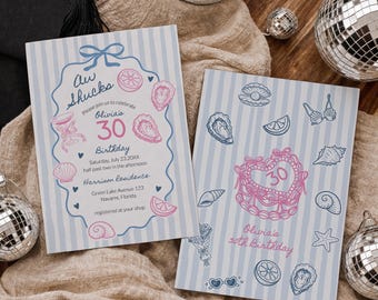 Oyster Birthday Invitation Template, Dusty Blue Party Invite, Coastal Coquette Celebration, Aww Shucks 089OY-BINV