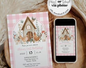 Pink Chicken 1st Birthday Invitation Template, Cottagecore Chicken Farm Party 005PI-BINV