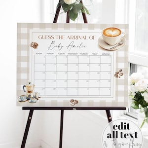 Coffee Bean Baby Shower Guess Due Date Game Sign Gender Neutral Baby Arrival Decor Sign Printable Cafe Bebe Baby Shower Game Template #068