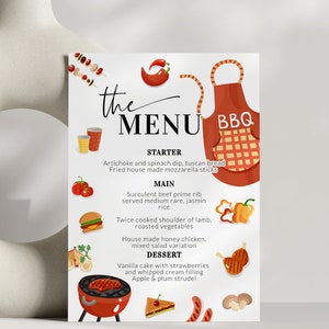 Bewerkbare BBQ Babyshower Menukaart Tuinfeest Eten Drankjes Menu met BBQ Grill Set voor BabyQ Afdrukbare sjabloon #072a