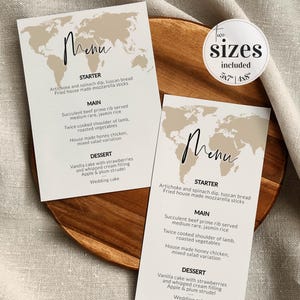 Wedding Menu Cards, Destination Travel Dinner Stationery, World Map Reception Editable Printable Template 072W-MENU