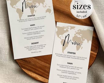 Wedding Menu Cards, Destination Travel Dinner Stationery, World Map Reception Editable Printable Template 072W-MENU