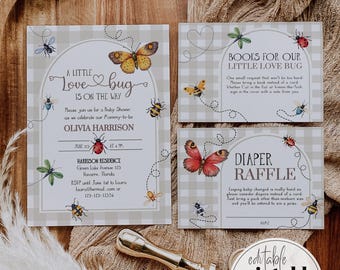 Love Bug Baby Shower Invitation Template, Beige Gingham Cottagecore Bugs Butterfly Invite 101LB-BSINV-BE