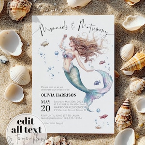 Mermaid Bridal Shower Invitation Last Splash on the Coast Bachelorette Invite, Glitter Mermaid Party Template for Bridal Pool Swim #070
