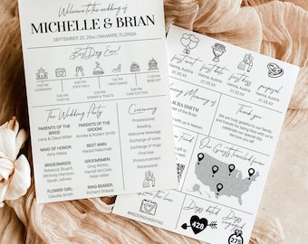 Modern Wedding Newspaper Program Template, Timeline Itinerary, Minimalist Ceremony
