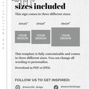 May include: A digital template with the text "multiple sizes included." It shows three rectangular design options in 20x16", 24x18", and 36x24" sizes, each labeled "YOUR DESIGN." The template is customizable and downloadable as PDF or JPEG.