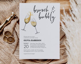 Brunch and Bubbly Bridal Shower Invitation, Editable Champagne Shower Invite Template for Bachelorette Party #072c