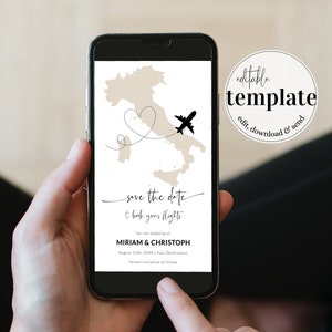 Invitación digital para guardar la fecha de la boda en Italia / Pasaporte con tarjeta de embarque / Invitación de boda de viaje / Plantilla editable n.° 072w