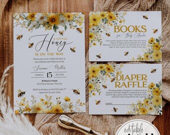 May include: A baby shower invitation suite with a bee theme. The invitation reads "A Little Honey is on the Way." Includes cards for books and a diaper raffle, all decorated with yellow flowers and bees. A gold wax seal is also present.