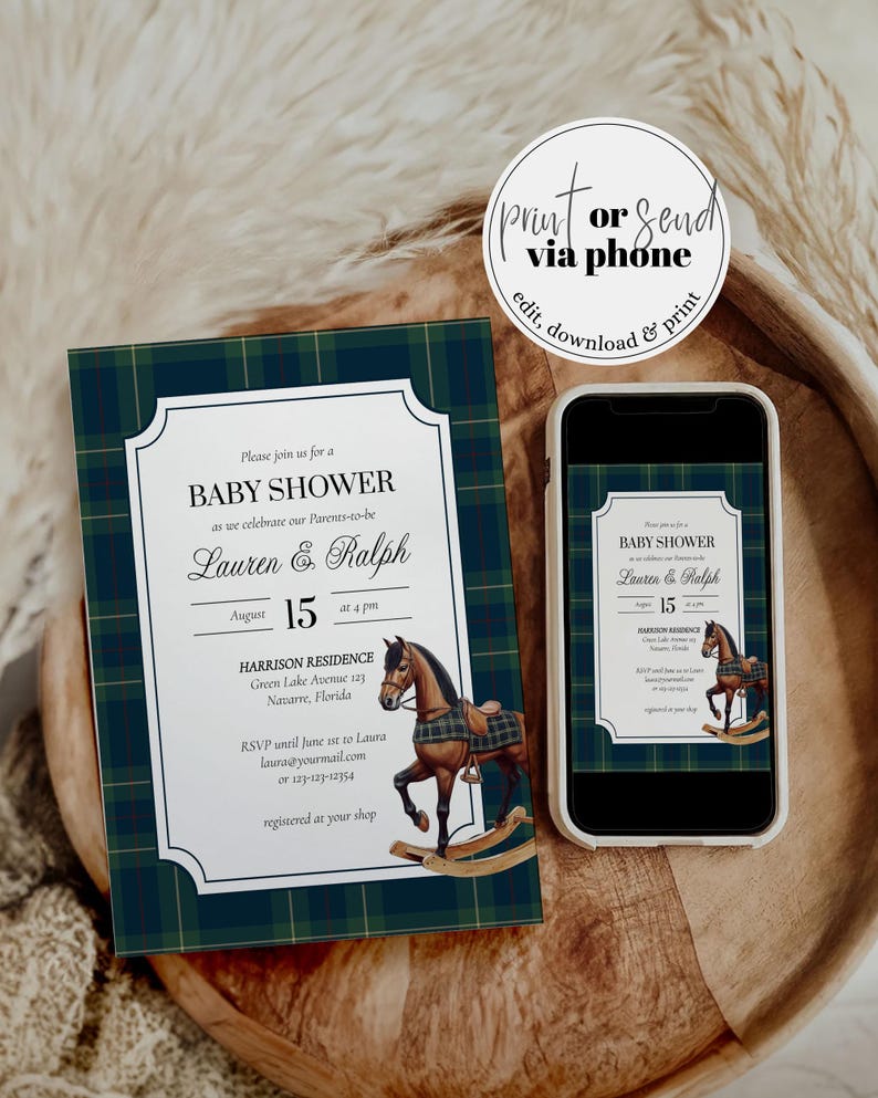 May include: Baby shower invitation with a green and navy plaid border. The invitation includes the text "Baby Shower" and details for Lauren & Ralph, August 15th at 4 pm. A rocking horse graphic is featured. A smartphone displays the same invitation.