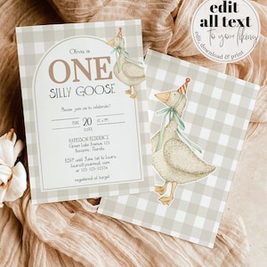 One Silly Goose Invito per il primo compleanno neutro di genere, Silly Goose Invite Tema retrò naturale Modello stampabile per la decorazione della festa della cameretta dei bambini #068