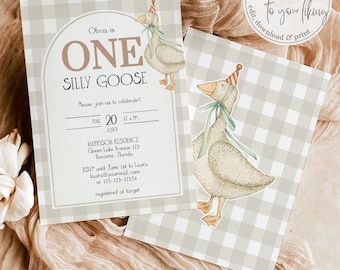Faire-part de premier anniversaire One Silly Goose, neutre entre les sexes, invitation Silly Goose, décoration de fête pour chambre d&#39;enfant thème rétro naturel modèle imprimable #068